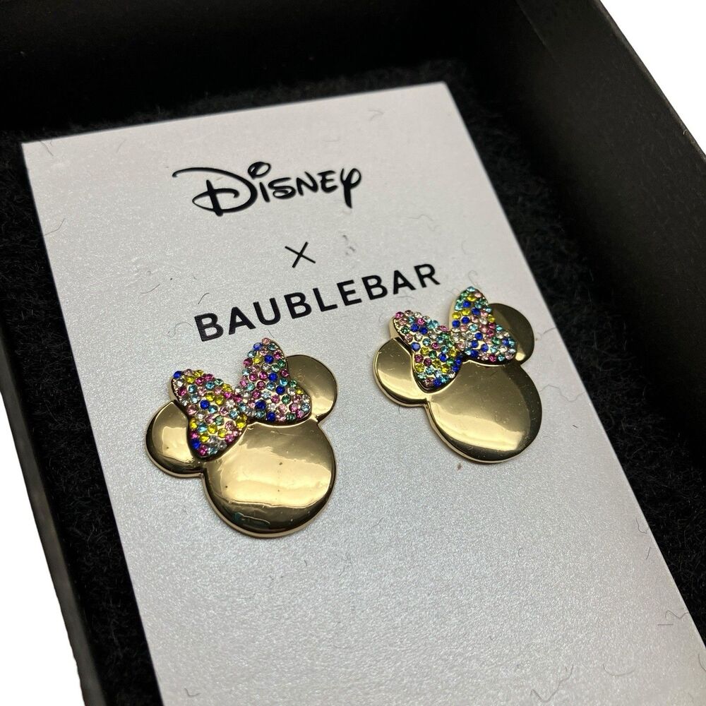 Disney BaubleBar Earrings Minnie Mouse Gold Stud Rainbow Bow Jewelry Gift Box‎